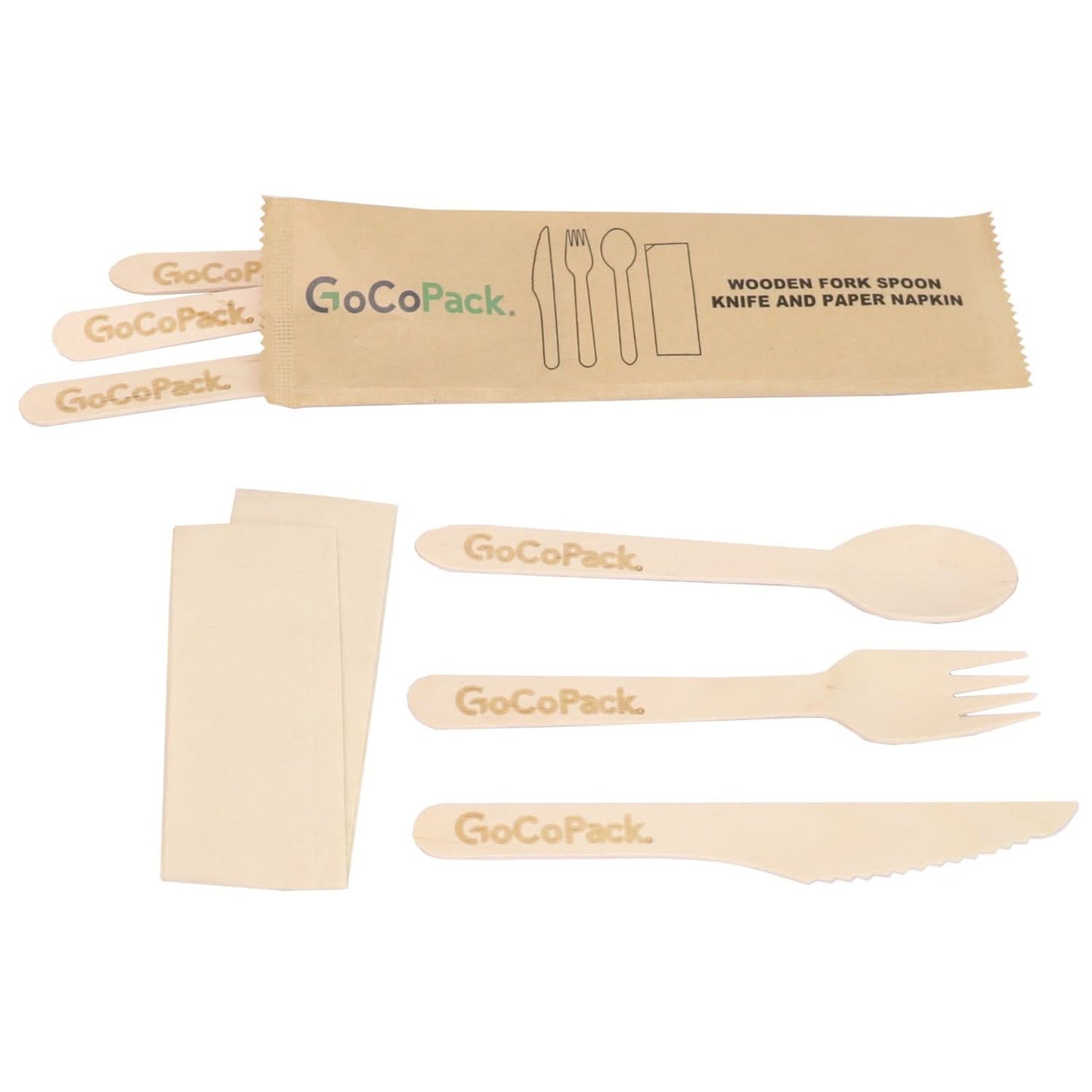 GoCoPack Individually Wrapped Wooden Cutlery Sets - Sets Of Disposable Wooden Spoon Fork And Knife With Paper Napkin Individually Wrapped In Paper Bag - GoCoPack