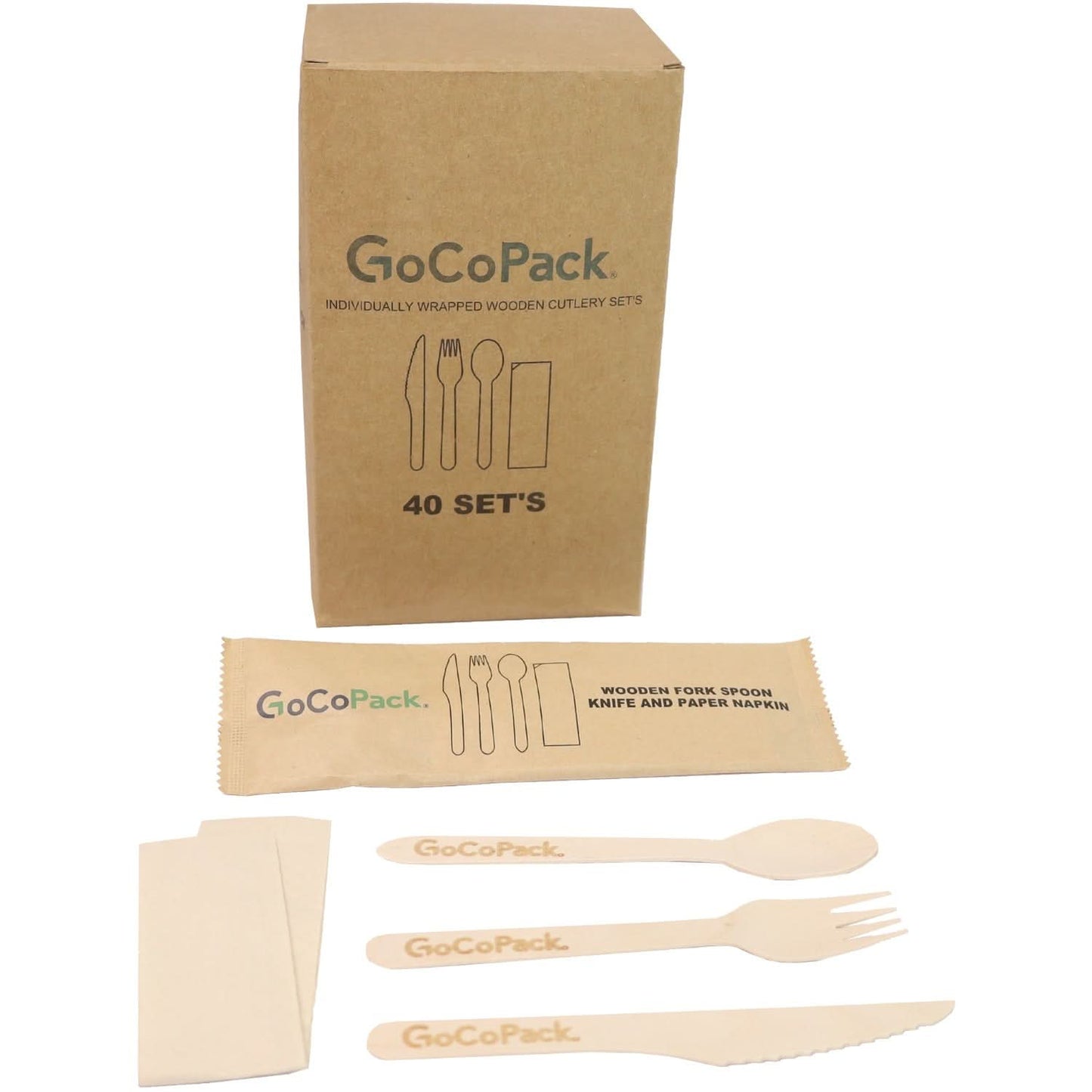 GoCoPack Individually Wrapped Wooden Cutlery Sets - Sets Of Disposable Wooden Spoon Fork And Knife With Paper Napkin Individually Wrapped In Paper Bag - GoCoPack