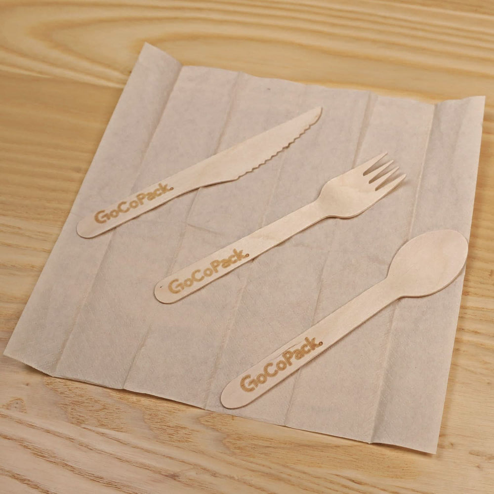 
                      
                        GoCoPack Individually Wrapped Wooden Cutlery Sets - Sets Of Disposable Wooden Spoon Fork And Knife With Paper Napkin Individually Wrapped In Paper Bag - GoCoPack
                      
                    