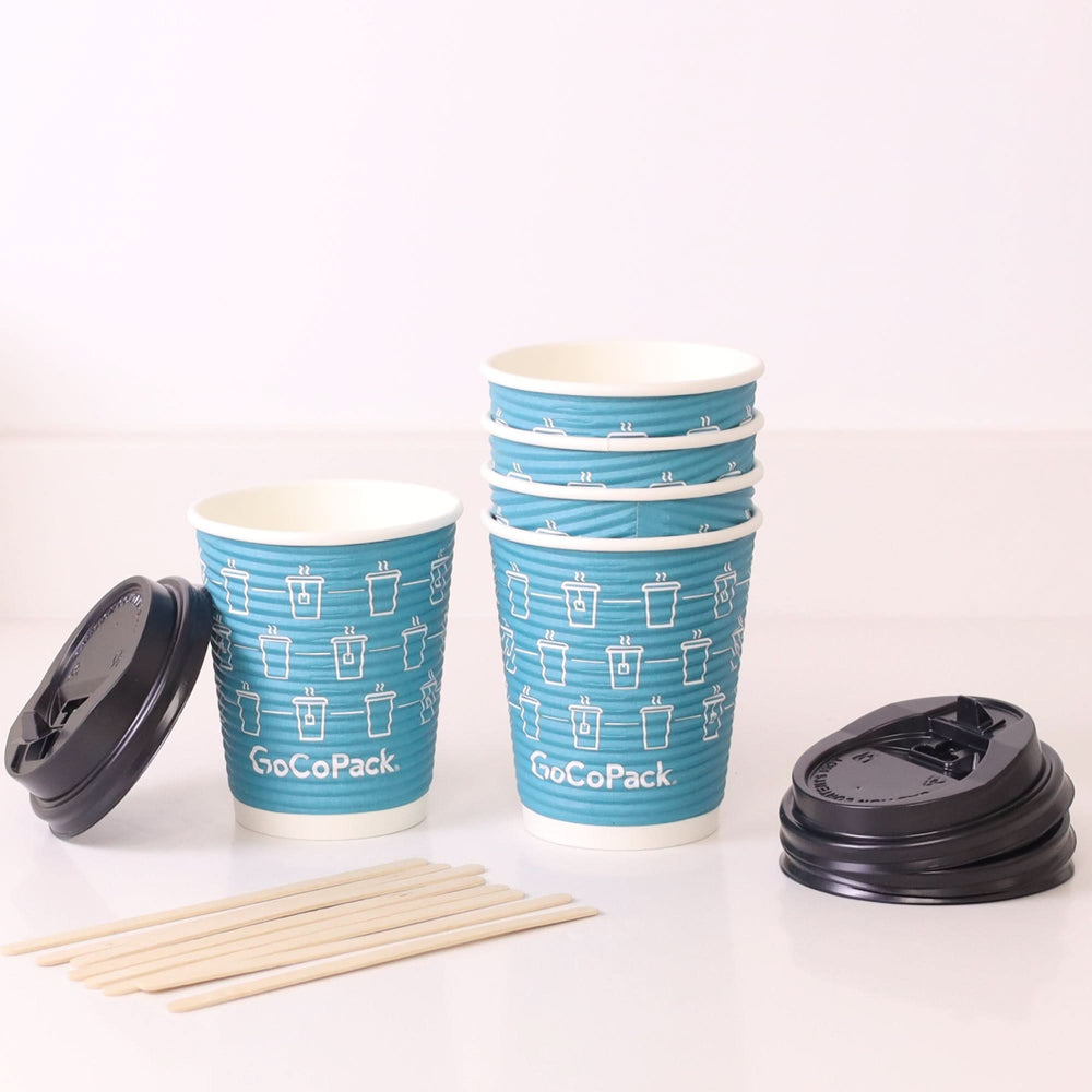 
                      
                        GoCoPack Spiral Wall Paper Cups with Lids & Stirrers - Available in 8oz (227ml) or 12oz (340ml) - Triple - Wall for Heat Protection - Ideal for Hot Drinks - Come in Sets of 30 or Box of 300 (10 Sets) - GoCoPack
                      
                    