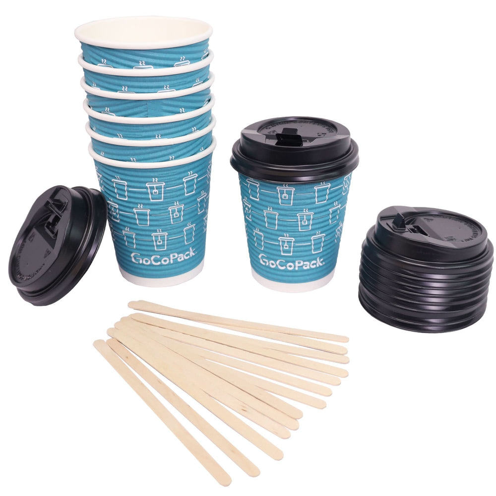 GoCoPack Spiral Wall Paper Cups with Lids & Stirrers - Available in 8oz (227ml) or 12oz (340ml) - Triple - Wall for Heat Protection - Ideal for Hot Drinks - Come in Sets of 30 or Box of 300 (10 Sets) - GoCoPack