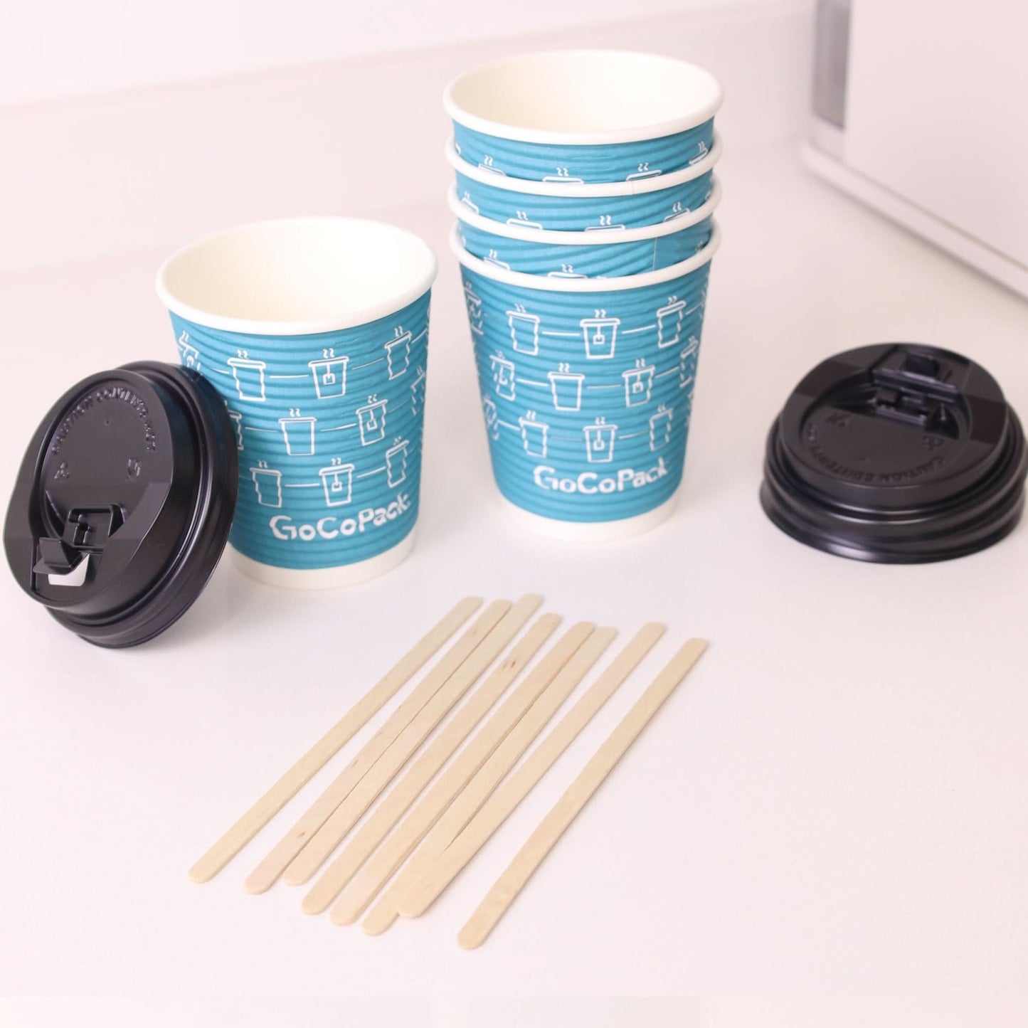 GoCoPack Spiral Wall Paper Cups with Lids & Stirrers - Available in 8oz (227ml) or 12oz (340ml) - Triple - Wall for Heat Protection - Ideal for Hot Drinks - Come in Sets of 30 or Box of 300 (10 Sets) - GoCoPack