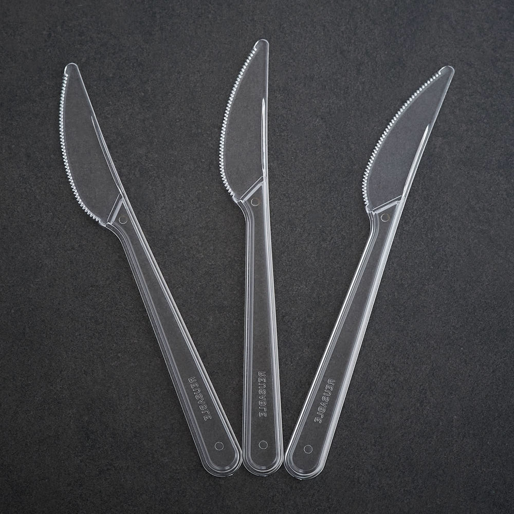 Plastic Cutlery: Pack of 100 (18cm~7 Inches) Clear Reusable Plastic - Knives - GoCoPack