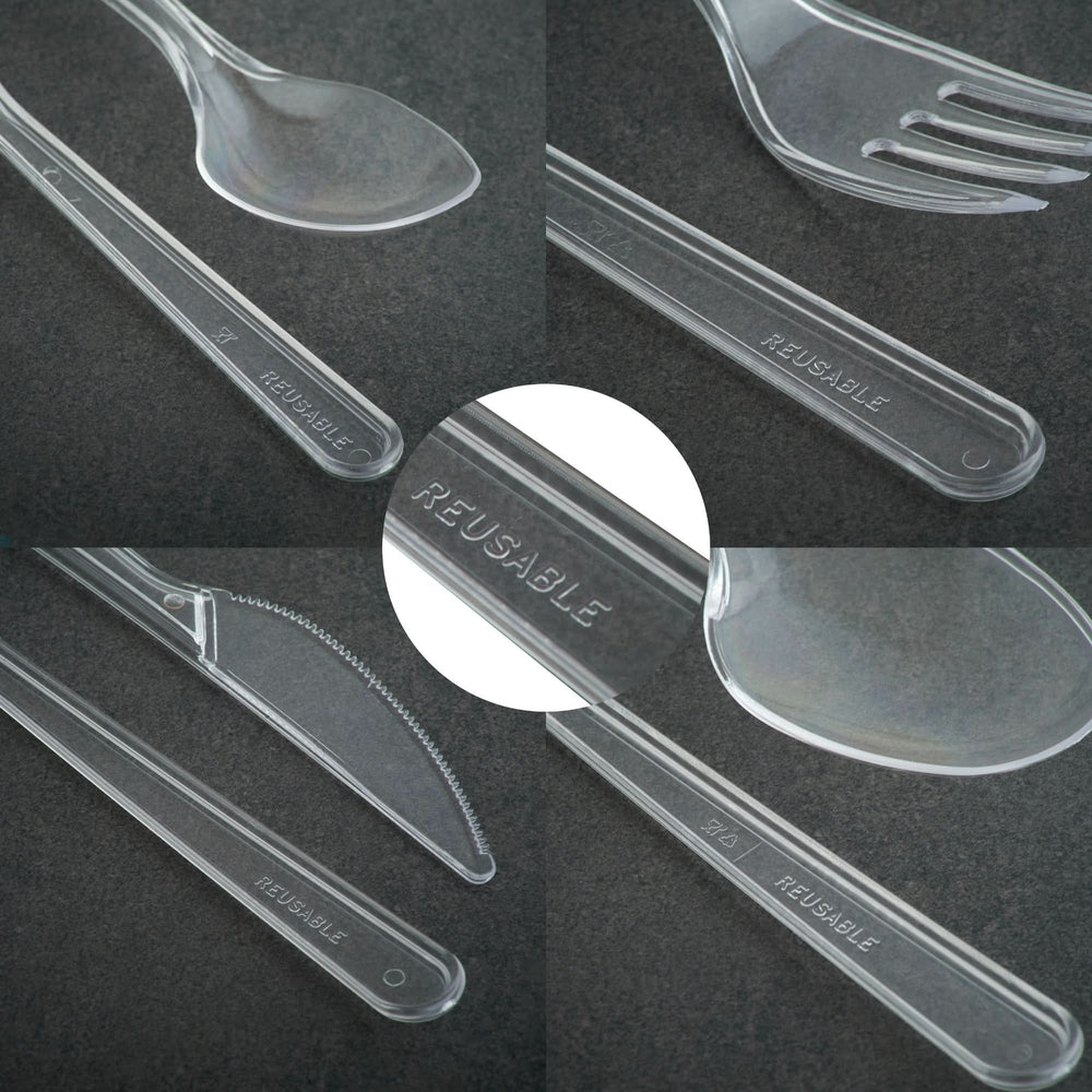 
                      
                        Plastic Cutlery Set: Set of 100 Forks, 100 Spoons, 100 Knives and 100 Tea Spoons ~ Clear Reusable Plastic Cutlery - Set - GoCoPack
                      
                    