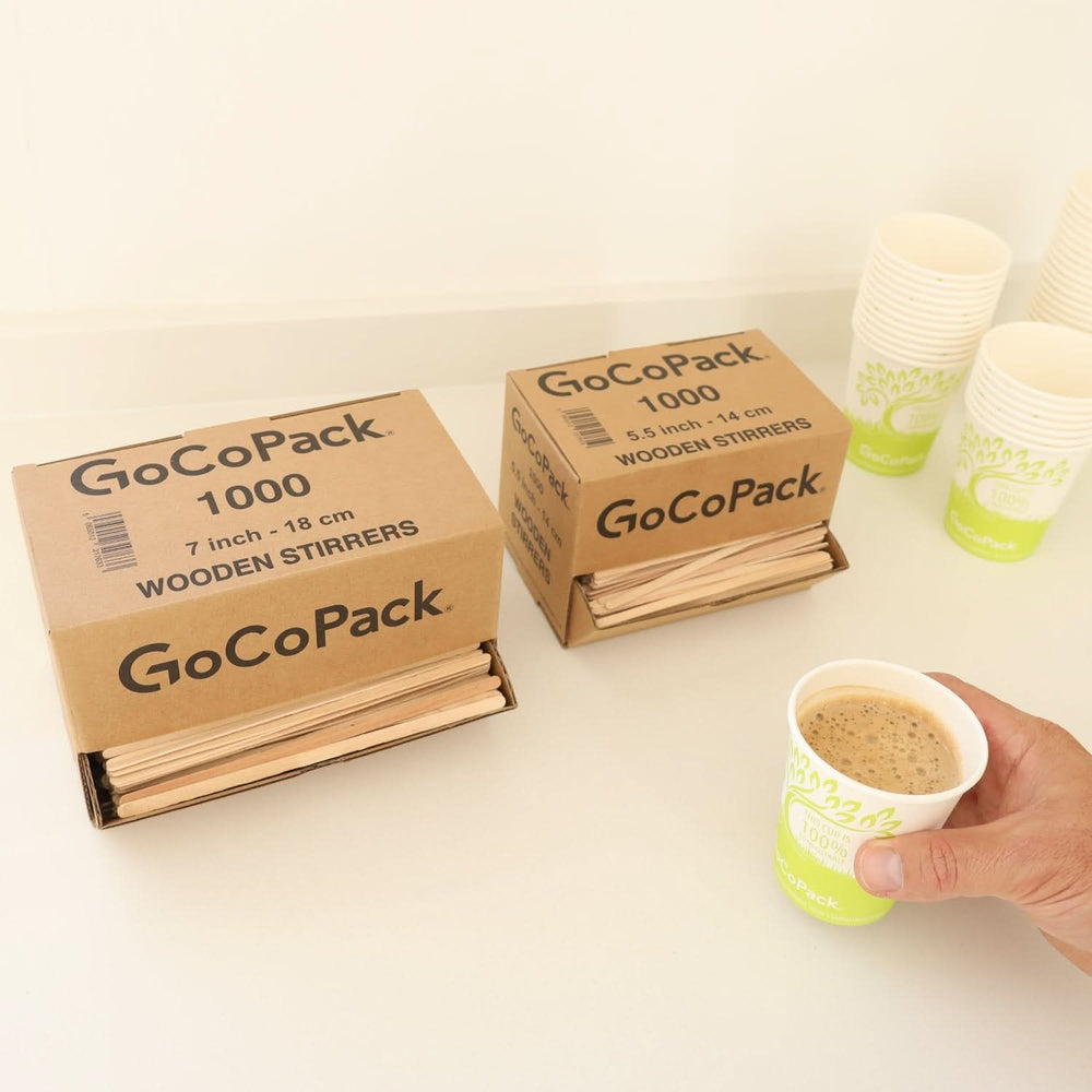 Wooden Coffee Stirrers - Eco - Friendly: Compostable and Biodegradable - Pack of 1000 in Dispenser Box with Drawer for Easy Dispensing - Available In 5.5" (14 cm) and 7" (18cm) - 7" (18 cm) - GoCoPack