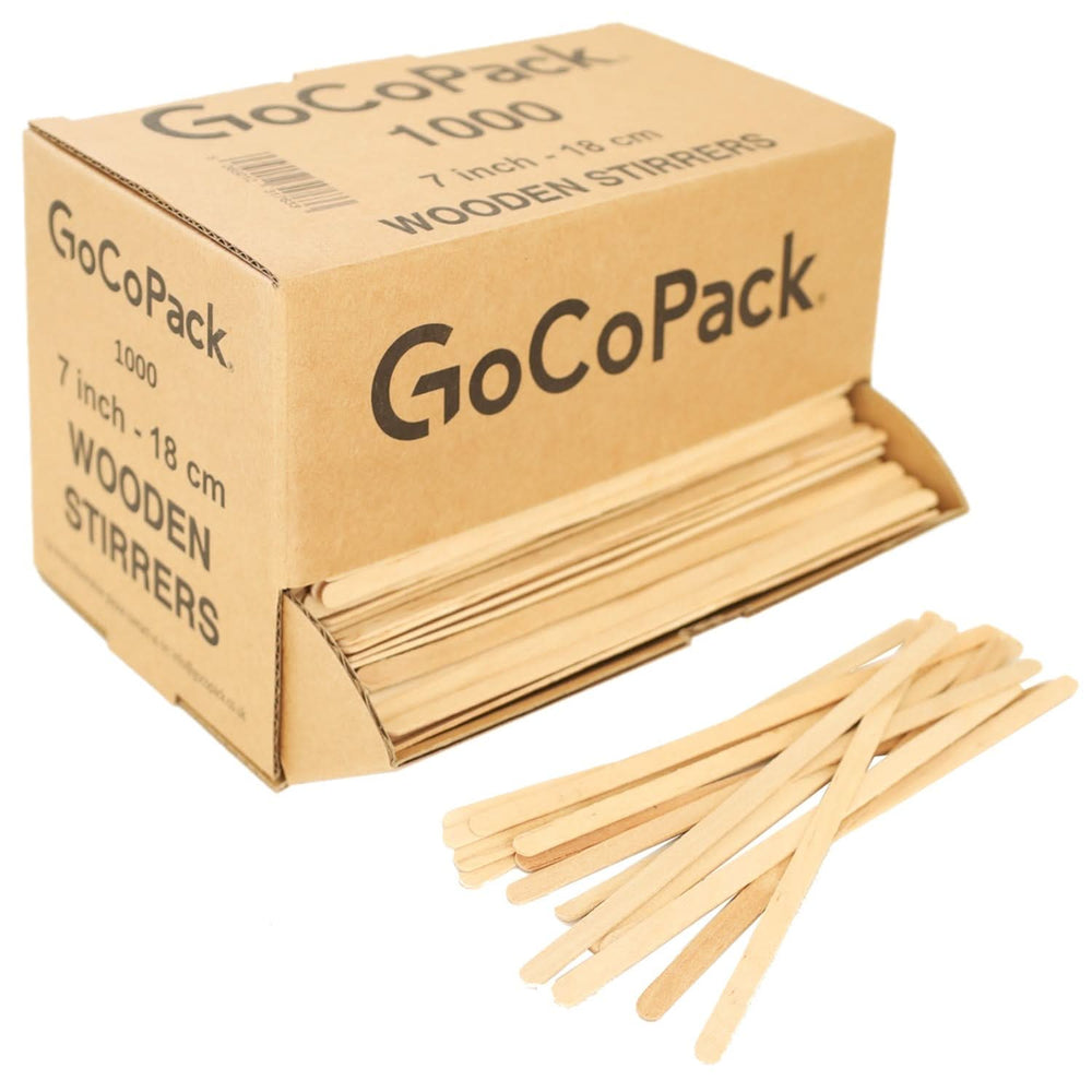 Wooden Coffee Stirrers - Eco - Friendly: Compostable and Biodegradable - Pack of 1000 in Dispenser Box with Drawer for Easy Dispensing - Available In 5.5" (14 cm) and 7" (18cm) - 7" (18 cm) - GoCoPack