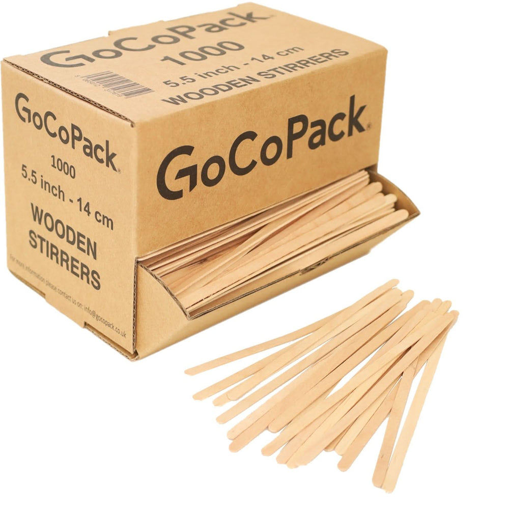 Wooden Coffee Stirrers - Eco - Friendly: Compostable and Biodegradable - Pack of 1000 in Dispenser Box with Drawer for Easy Dispensing - Available In 5.5" (14 cm) and 7" (18cm) - 5.5" (14 cm) - GoCoPack